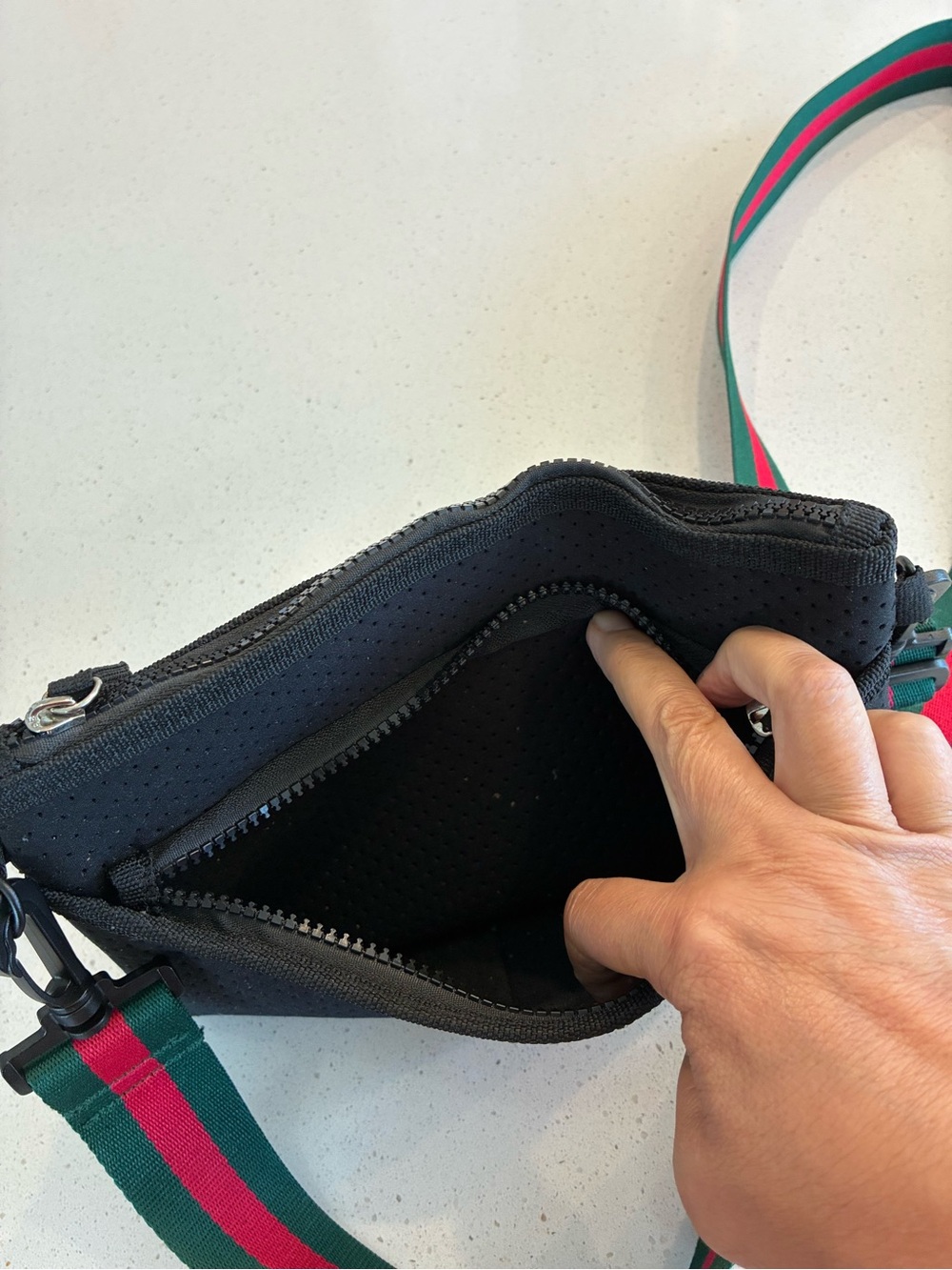 Black Crossbody Neoprene Pouch with Green and Red Stripe Adjustable Strap - Picture 8 of 15